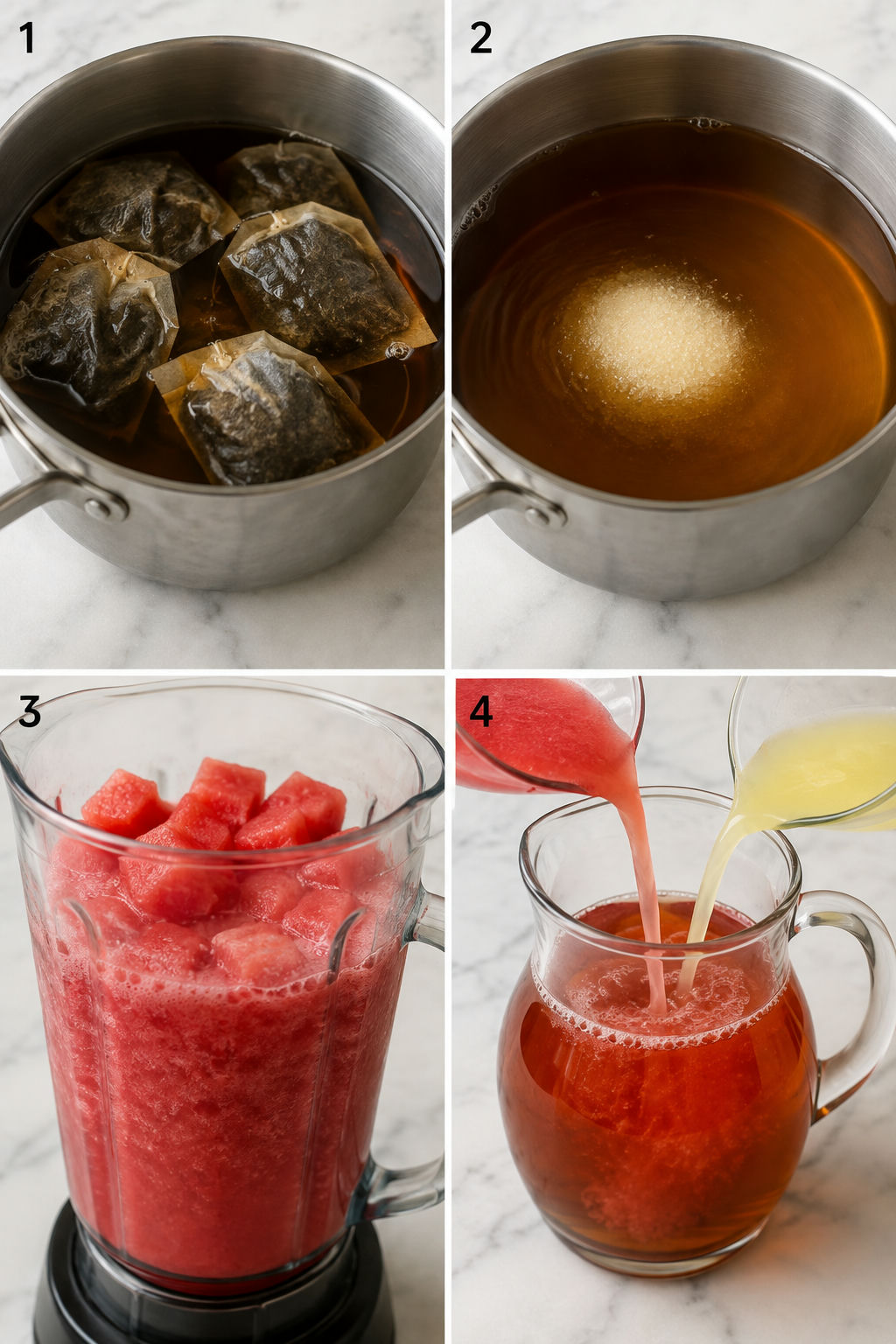 Four steps for making watermelon lemon sweet tea in a pitcher