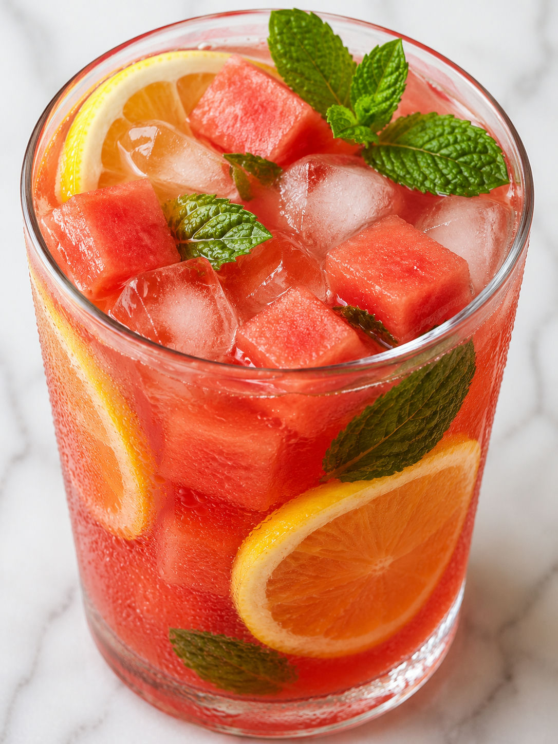 Iced watermelon lemon sweet tea with lemon slices, mint, and watermelon cubes