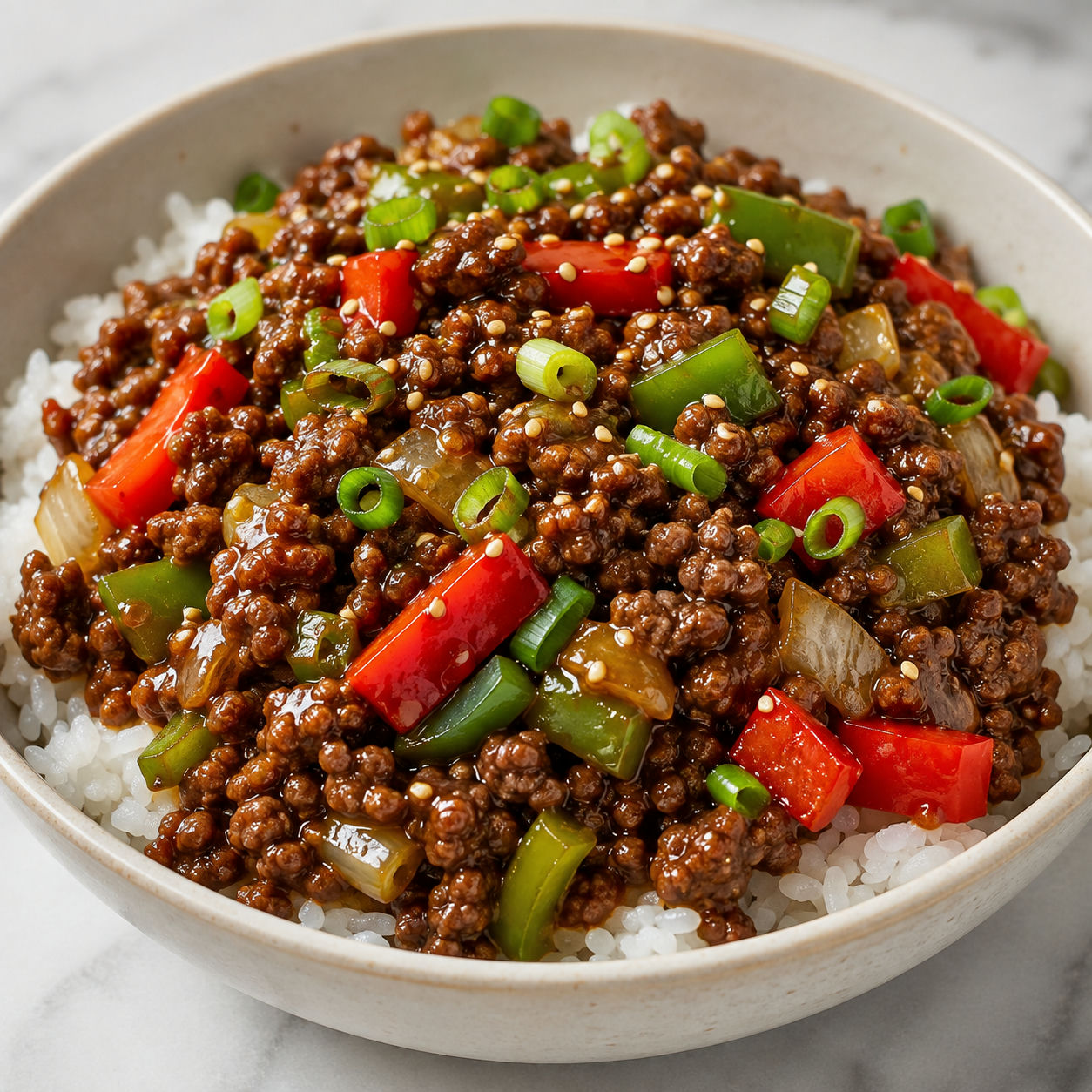 Ground beef pepper stir-fry over rice with green onions and sesame seeds