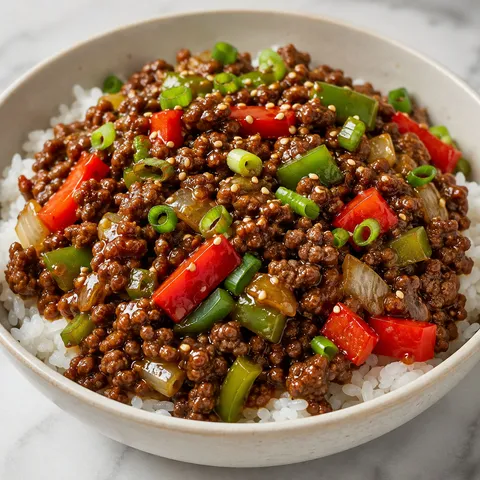 Ground beef pepper stir-fry over rice with green onions and sesame seeds