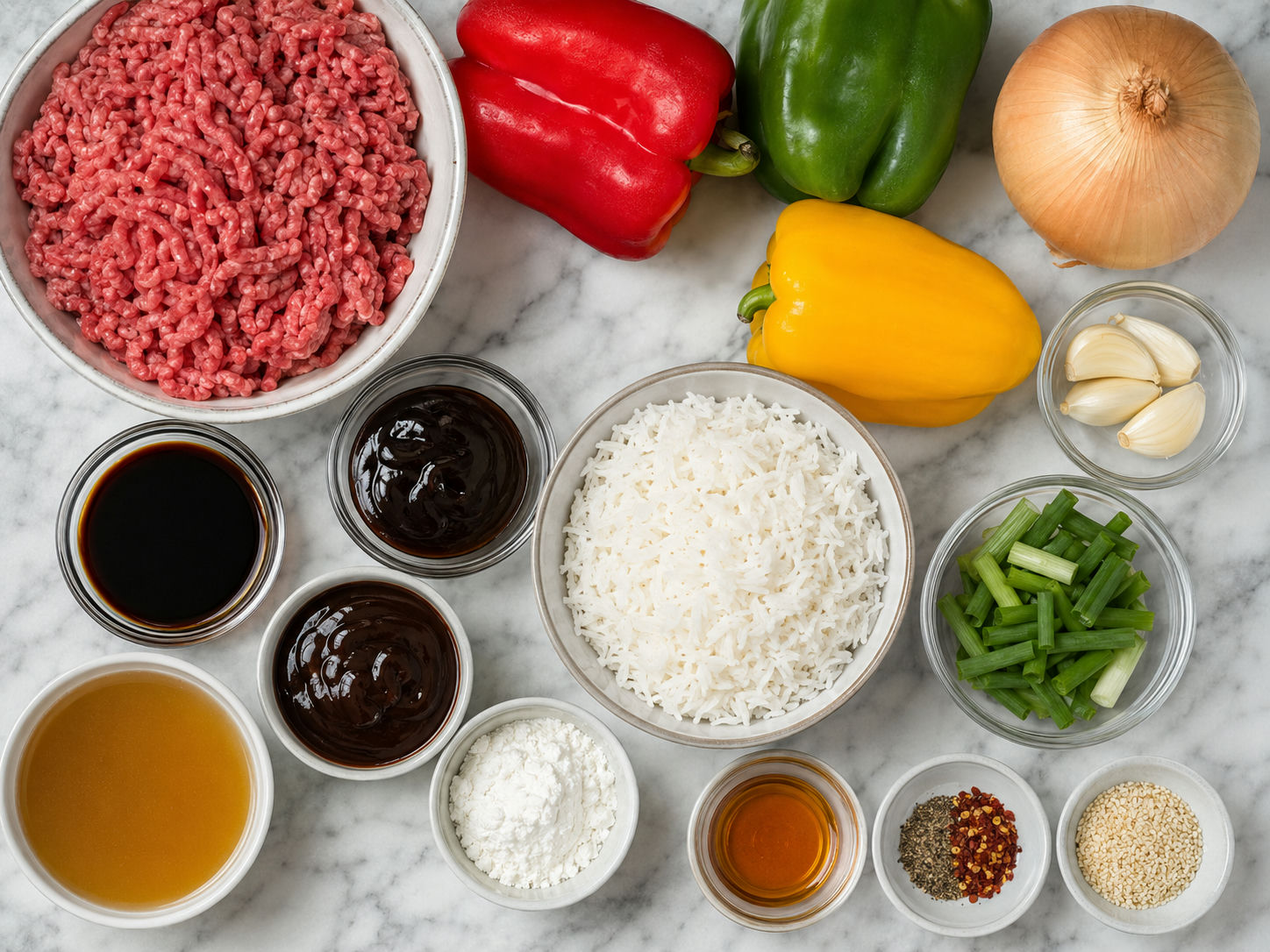 Ingredients for ground beef pepper stir-fry with peppers, sauces, and rice