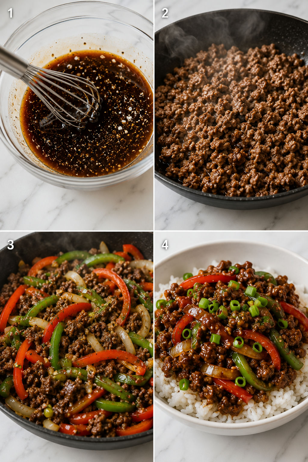 Four steps for making ground beef pepper stir-fry in a skillet