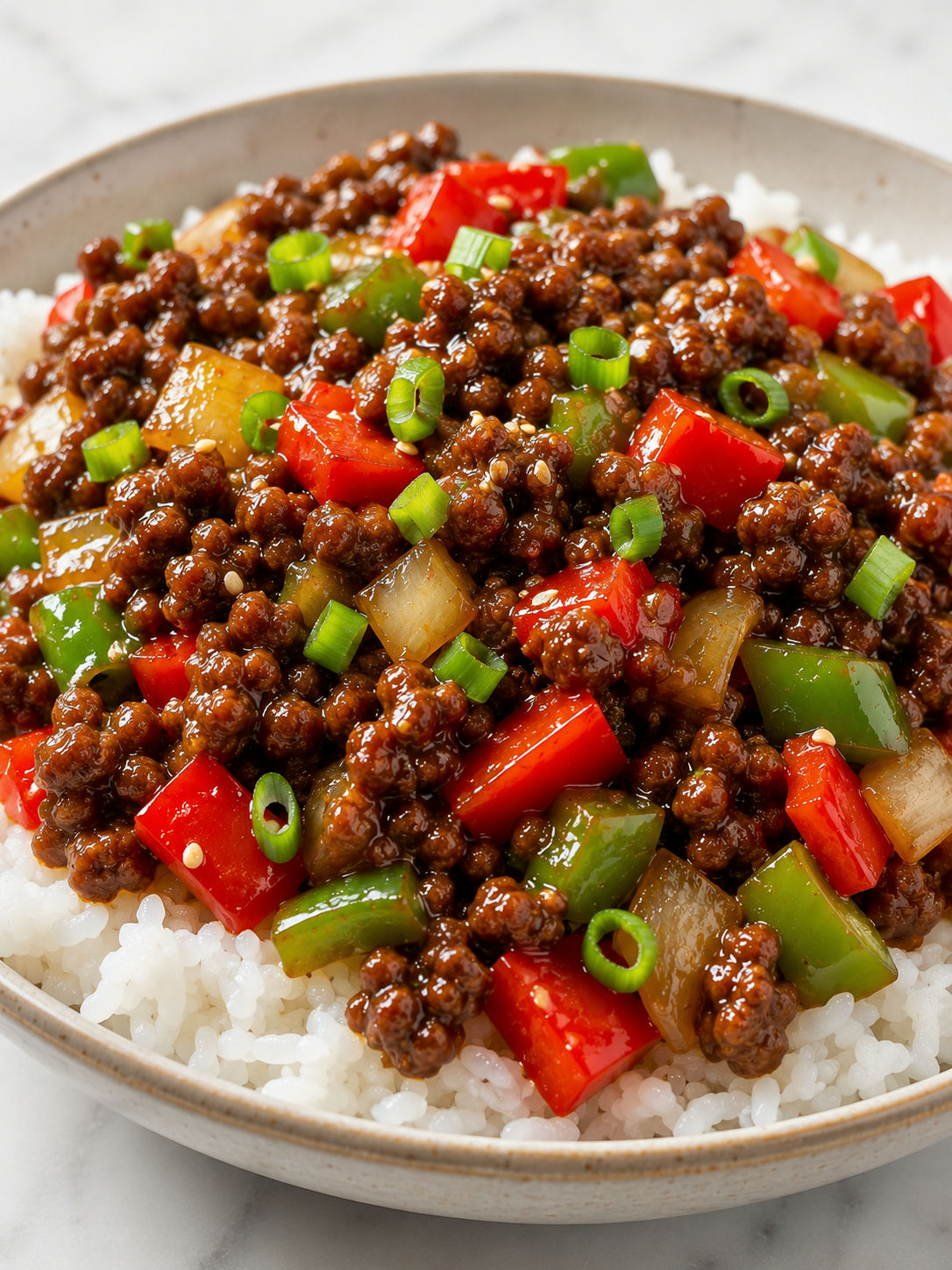 Ground beef pepper stir-fry rice bowl with glossy sauce and crisp peppers