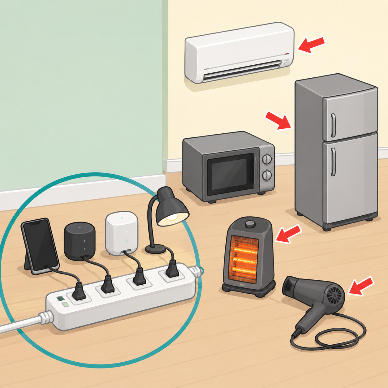 Illustration showing unsafe appliances kept away from a household power strip.