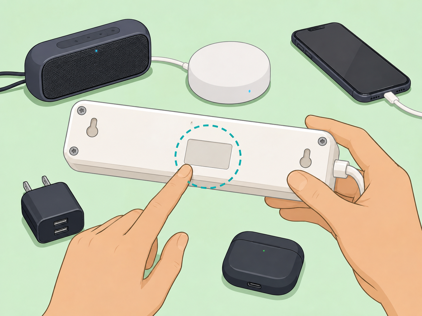 Hands checking the rating area on a power strip before plugging in devices.