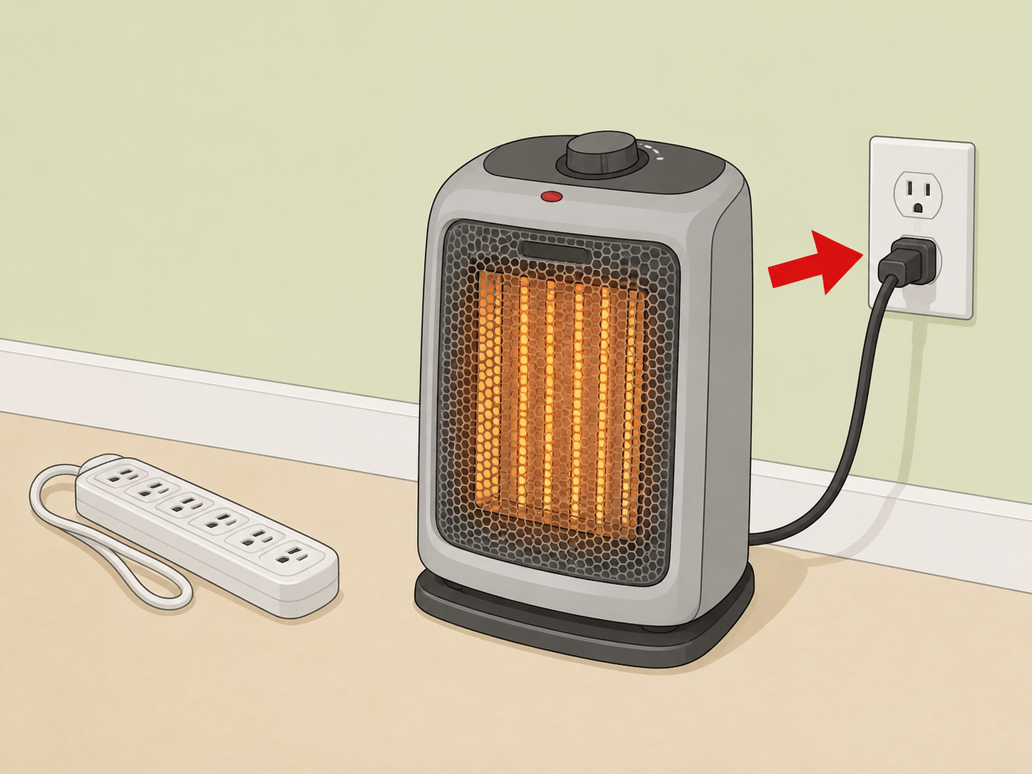 Space heater plugged directly into a wall outlet instead of a power strip.
