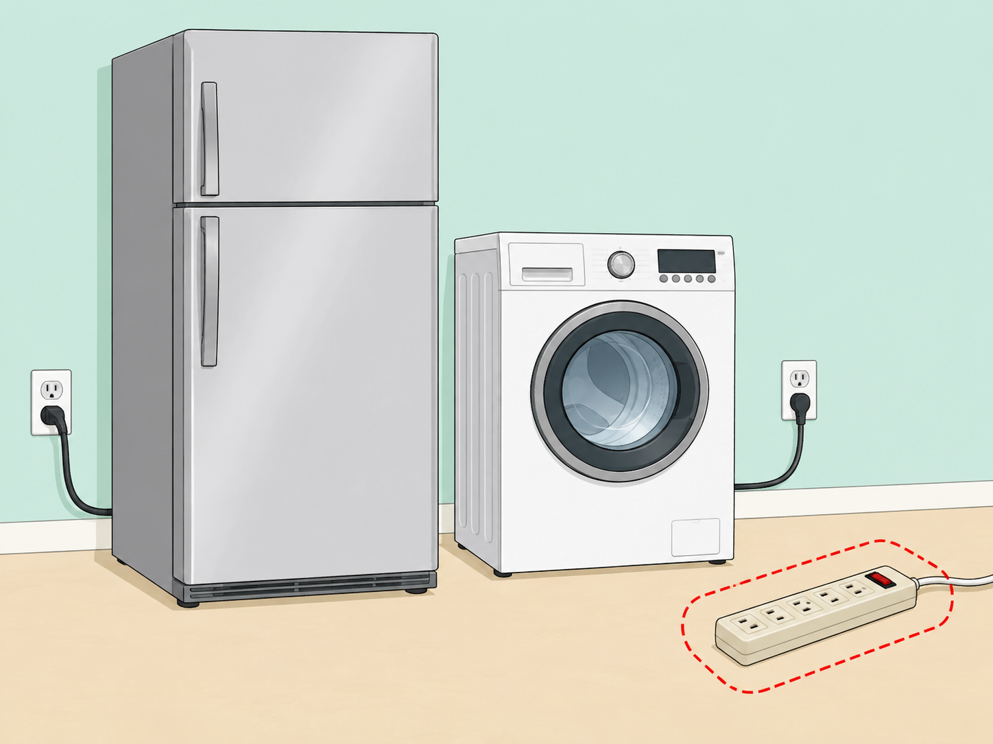 Major appliances kept off a power strip and plugged into wall outlets.