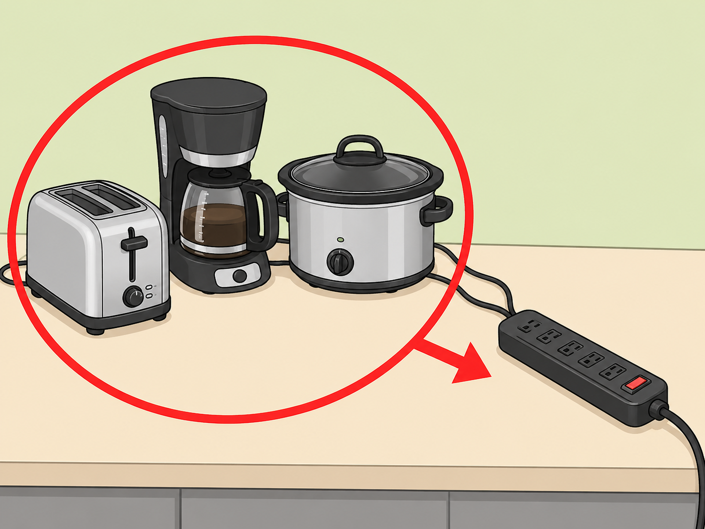 Heat-producing kitchen appliances kept away from a power strip.