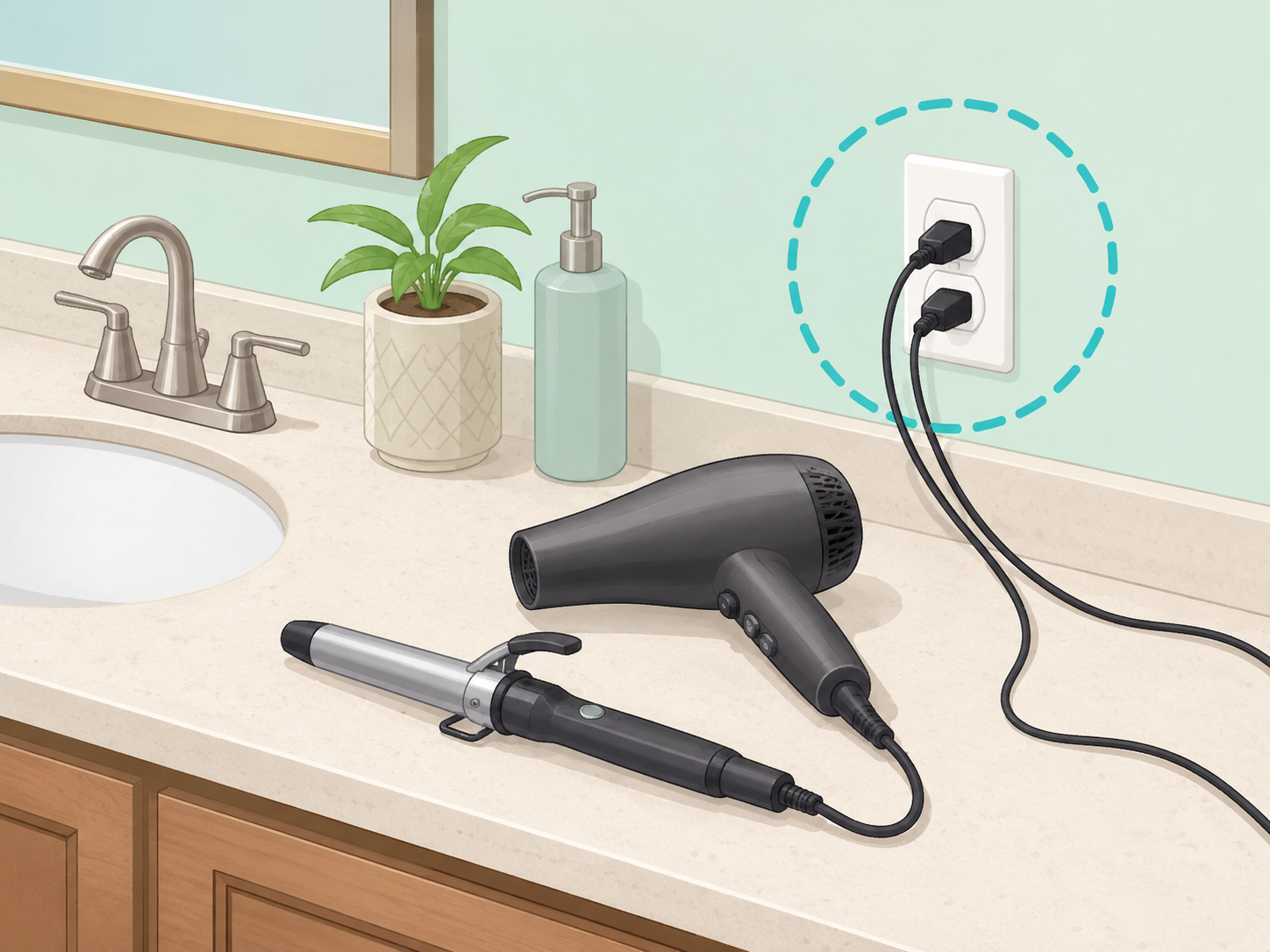 Bathroom heat tools plugged into a proper wall outlet instead of a power strip.