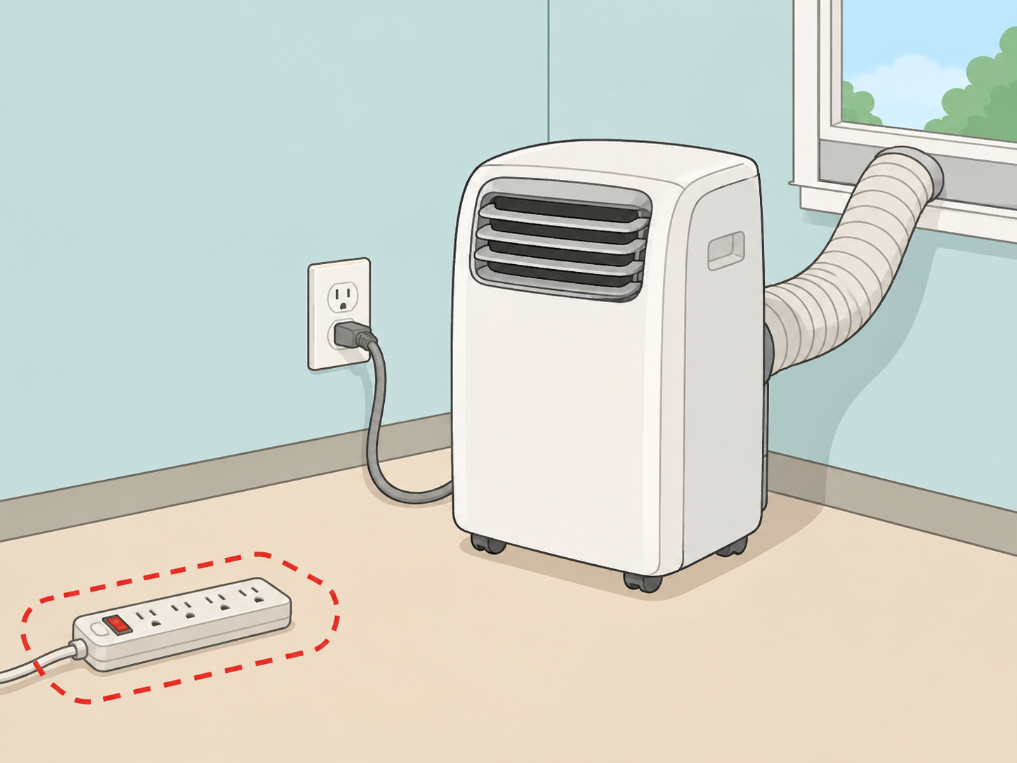 Portable air conditioner plugged into a wall outlet rather than a power strip.