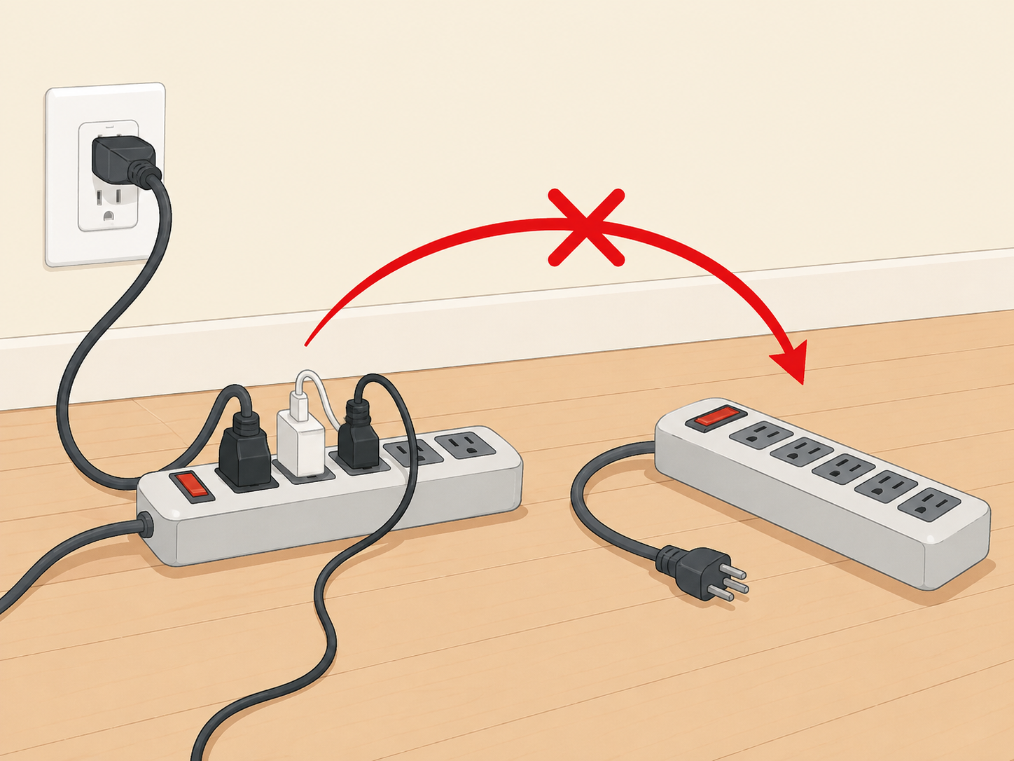 Two power strips kept from being chained together.