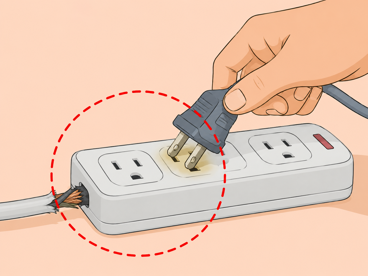 A damaged power strip being unplugged and removed from use.