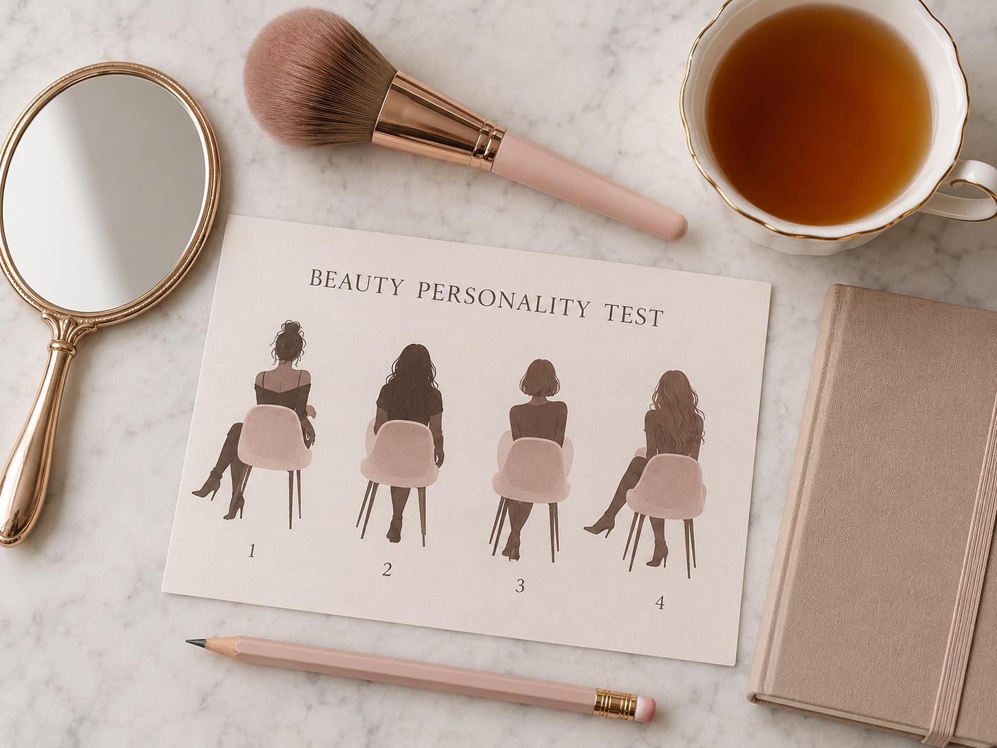 Beauty quiz card with mirror, brush, notebook, pencil, and tea