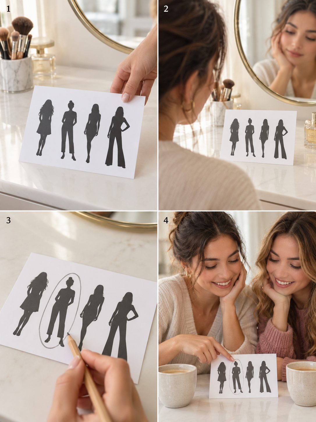 Four steps of taking a visual personality test at a vanity