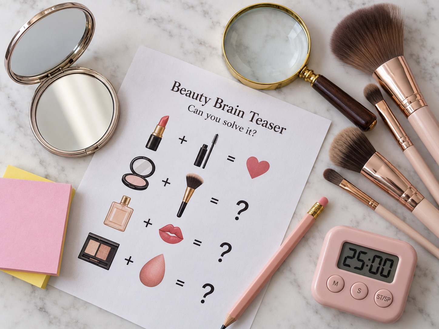 Puzzle-solving tools on a beauty vanity with magnifying glass and brushes