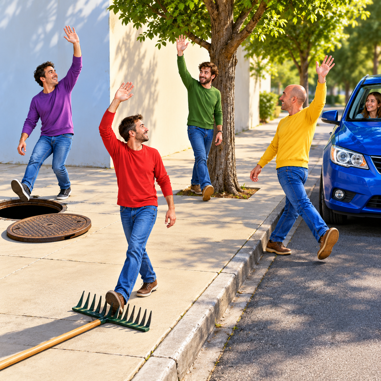 Safety puzzle scene with four people near different hazards
