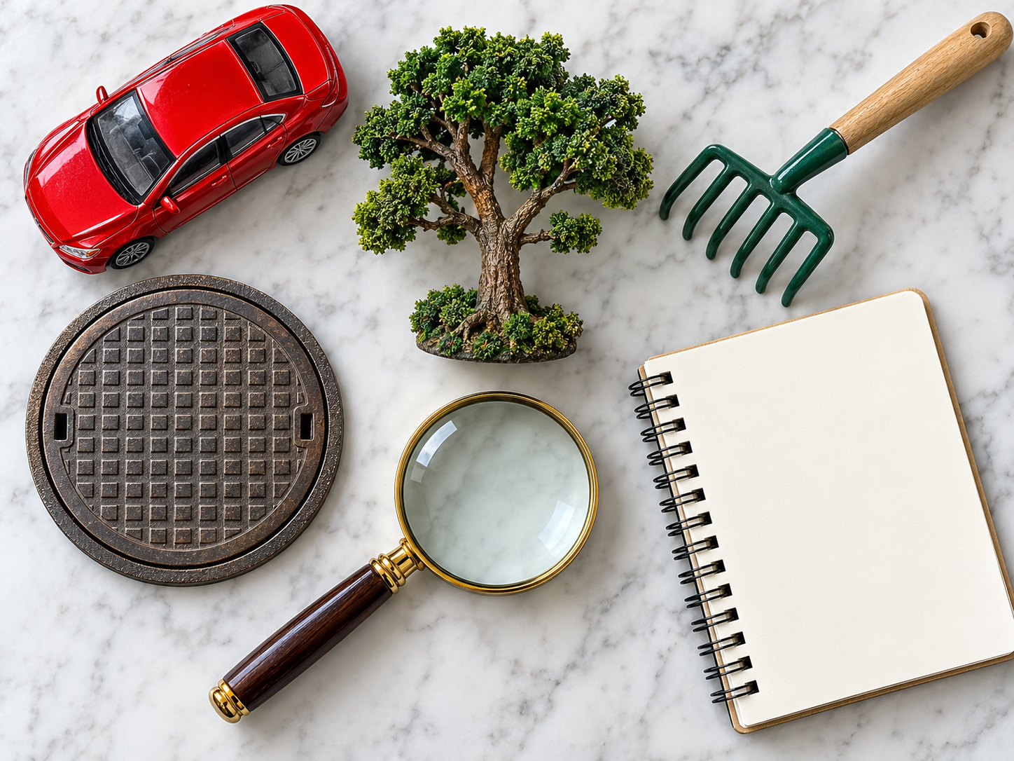 Puzzle clue props with car, tree, rake, manhole cover, and magnifying glass