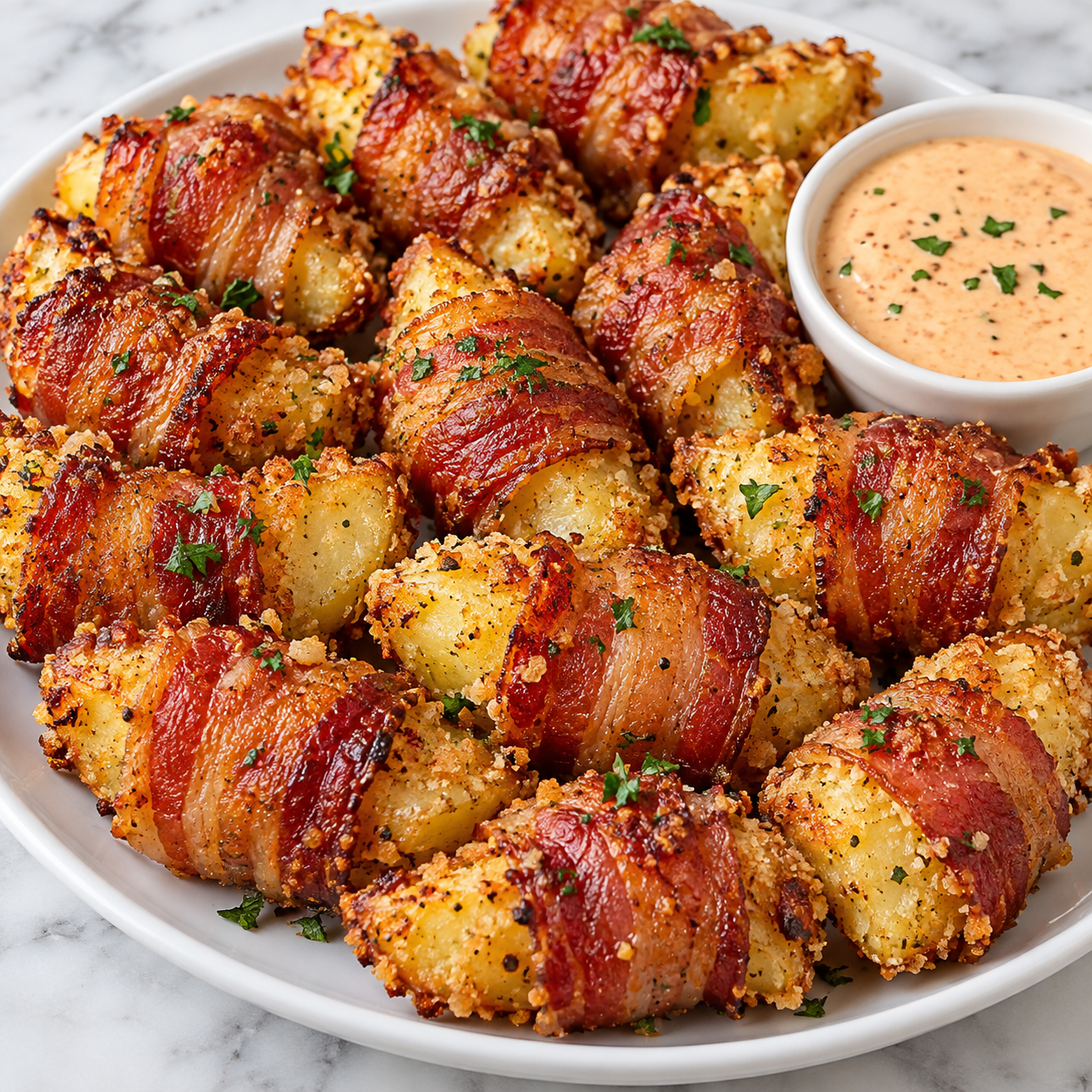 Bacon wrapped potato wedges with Parmesan crumbs and parsley