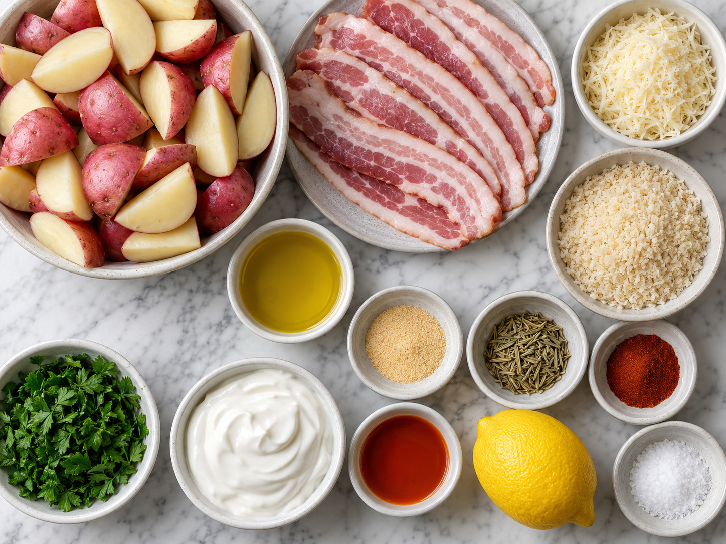 Ingredients for bacon wrapped potato wedges with Parmesan and dip