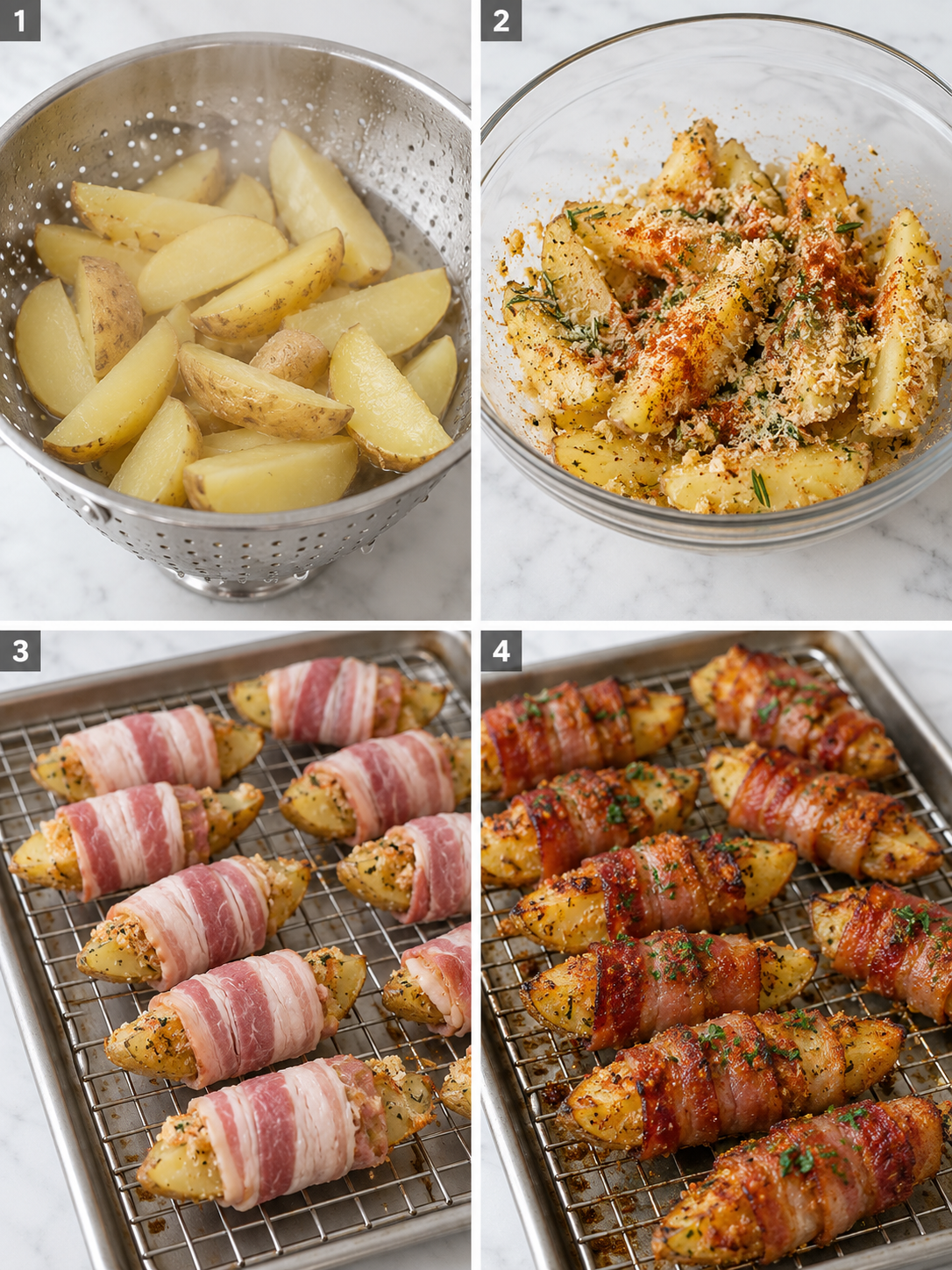 Steps for coating, wrapping, and baking bacon wrapped potato wedges
