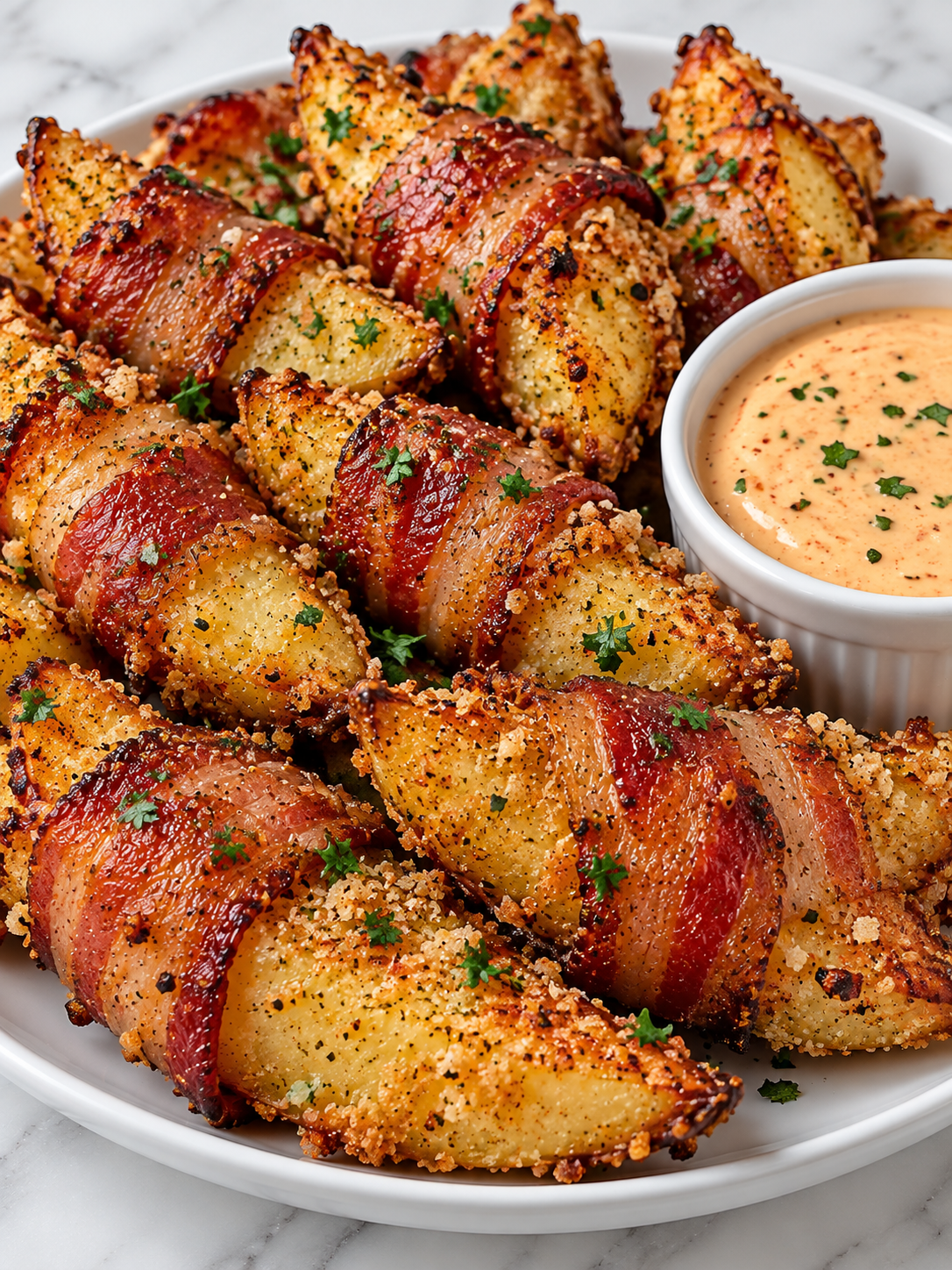 Crisp bacon wrapped potato wedges with parsley and creamy dip