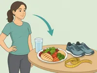 Illustration of healthy habits for safe belly fat loss, including water, balanced food, activity, and waist tracking.