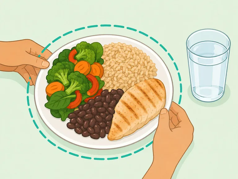 Hands arranging a balanced meal plate with whole foods.