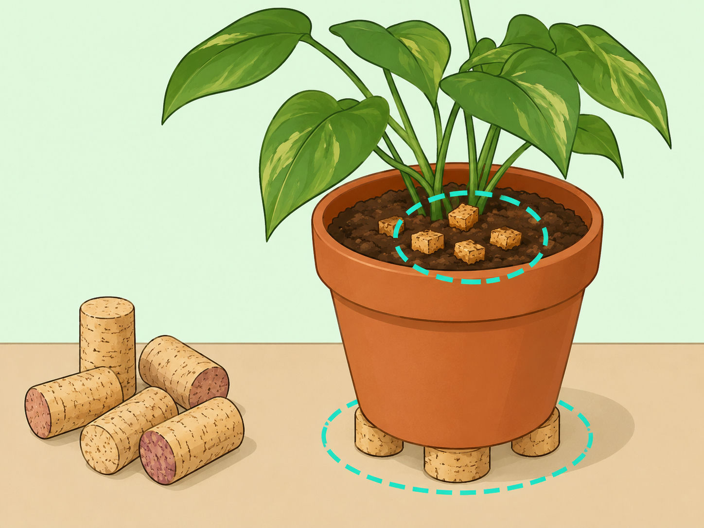 Natural corks used safely around a potted plant as mulch and pot feet.