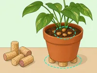 Natural corks used safely around a potted plant as mulch and pot feet.