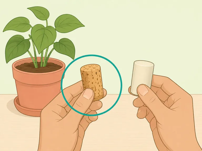 Hands choosing a natural cork instead of a synthetic stopper for plant use.