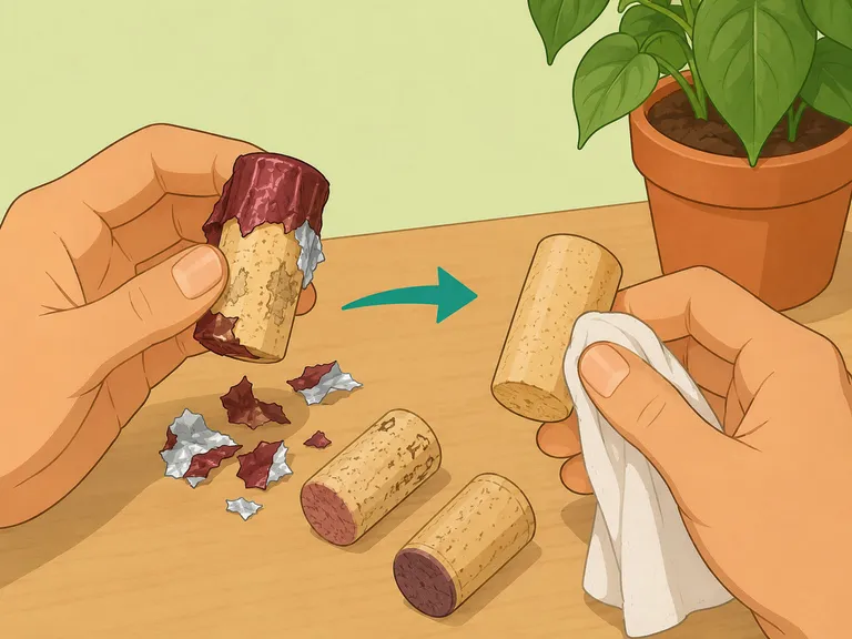 Hands cleaning foil and residue from corks before using them with plants.