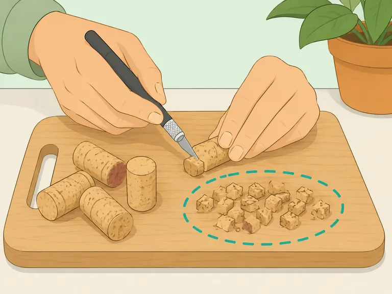 Natural wine corks being cut into small chunks for a plant pot.