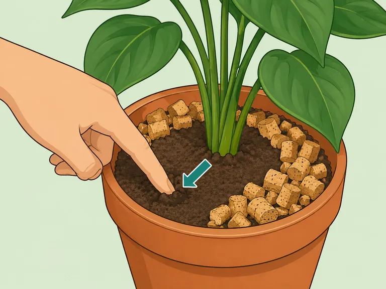 A finger checking soil moisture under cork mulch before watering.