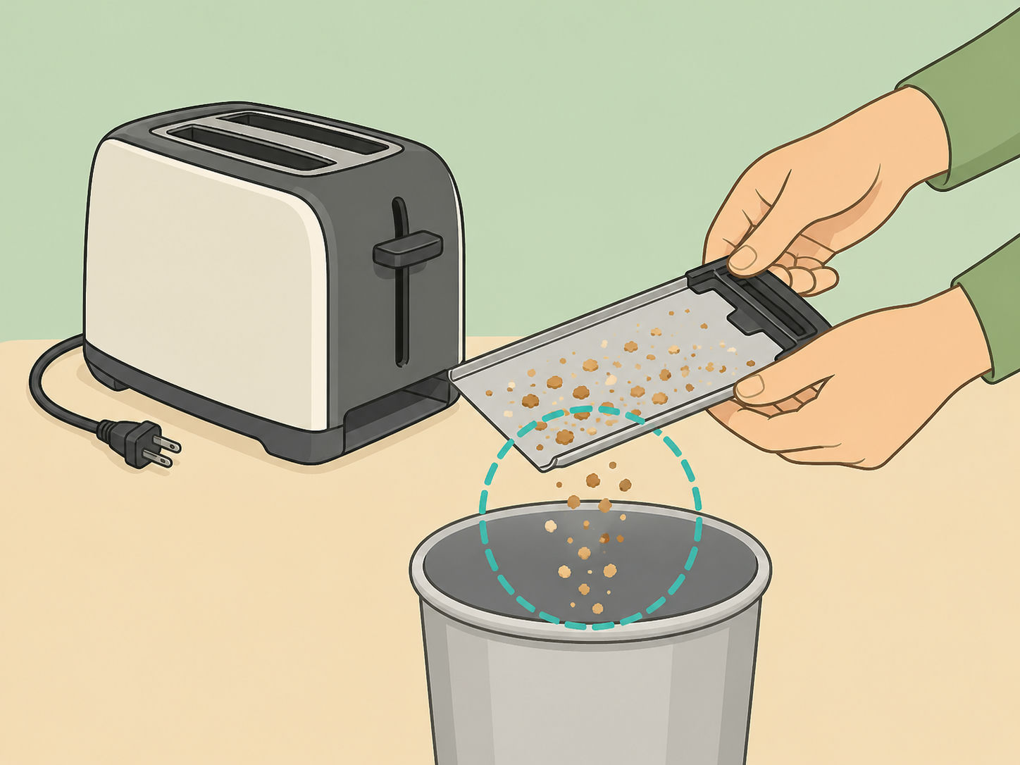 Someone emptying crumbs from a toaster crumb tray.