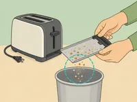 Someone emptying crumbs from a toaster crumb tray.