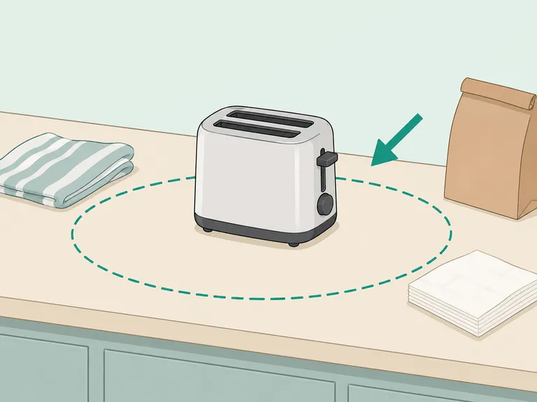 A toaster kept clear of towels and paper items.
