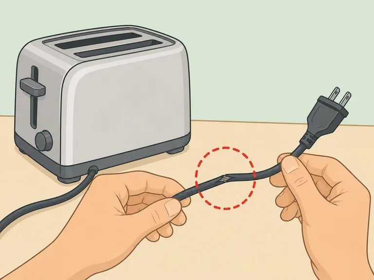 Hands checking a toaster cord and plug for damage.