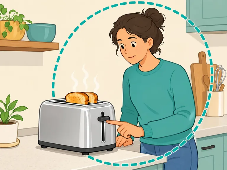 A person staying near the toaster while it is heating.