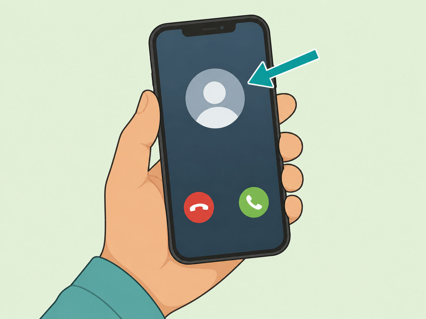 Hand checking the caller ID area on a smartphone before answering.