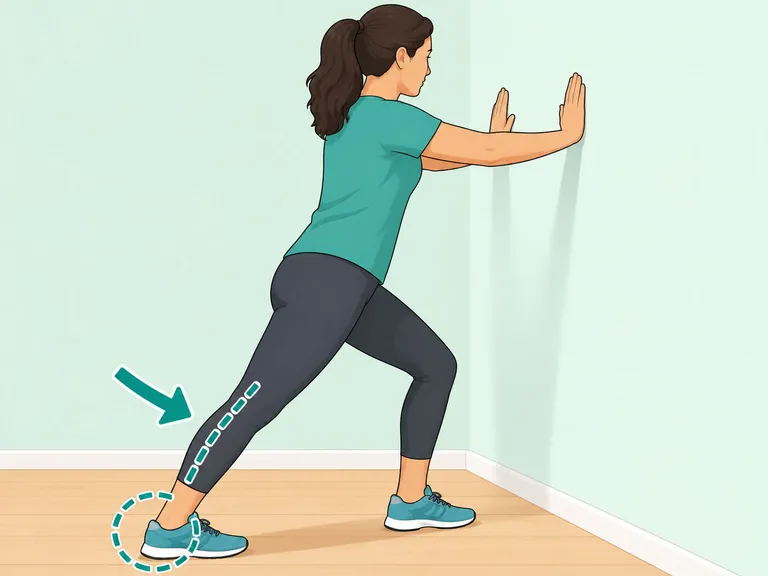 Person doing a straight-knee calf stretch against a wall.