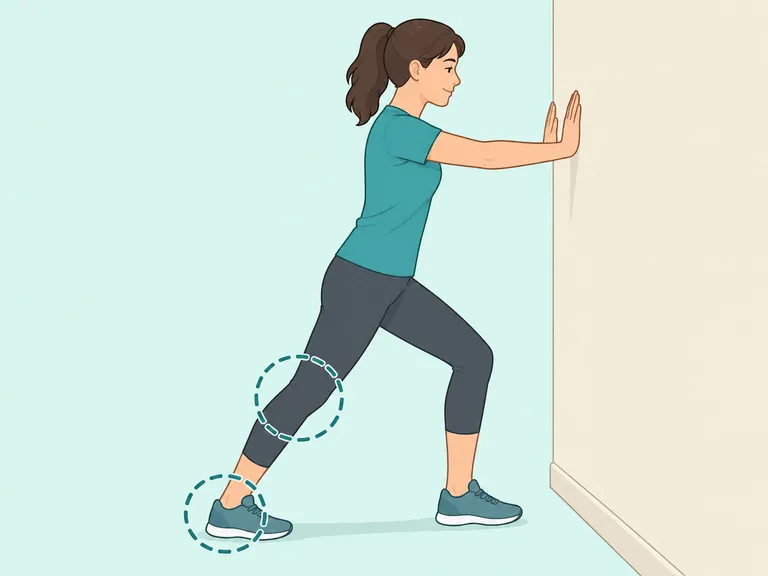 Person doing a bent-knee calf stretch against a wall.