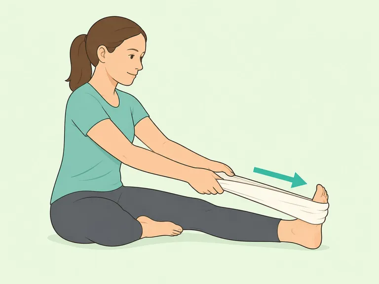 Person using a towel to stretch the calf and foot while seated.