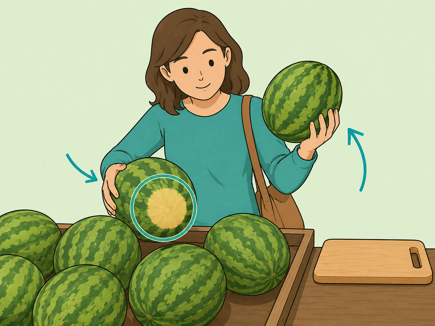Shopper comparing watermelons by checking the field spot and weight.
