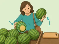 Shopper comparing watermelons by checking the field spot and weight.