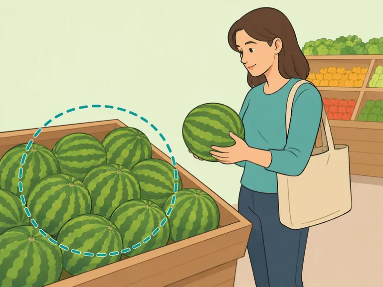 Shopper comparing similar watermelons in a produce bin.