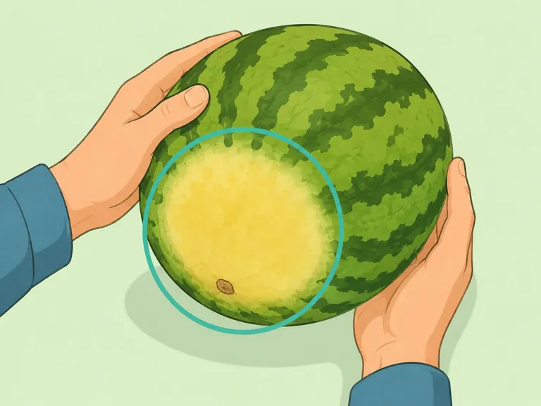 Hands checking the creamy yellow field spot on a watermelon.