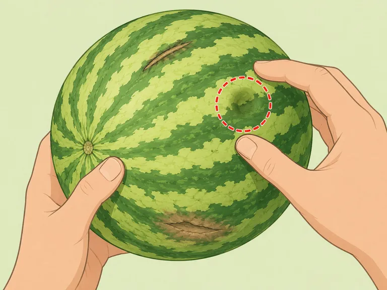 Hands inspecting a watermelon rind for damage.