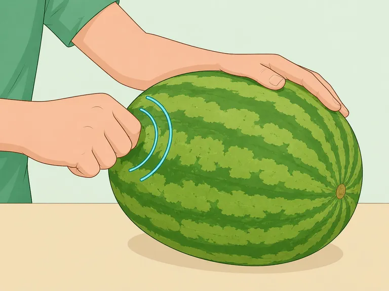 Hand tapping a watermelon as a final ripeness check.