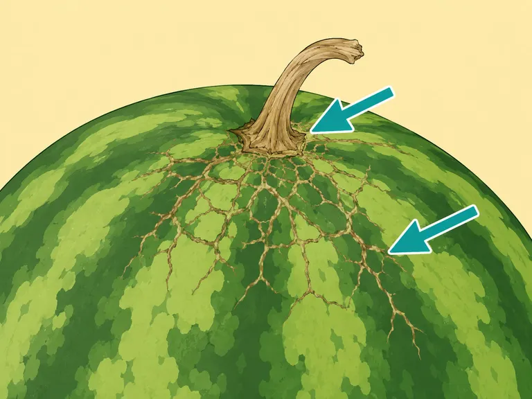 Dry stem and brown webbing marks on a watermelon rind.