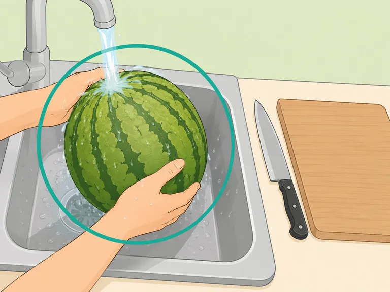 Hands washing a watermelon before cutting it.
